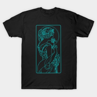 Alphonse Mucha Primevere Blue Neon T-Shirt